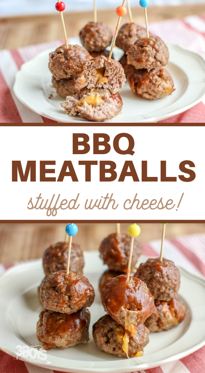 pin image of meatballs that reads bbq meatballs stuffed with cheese! 