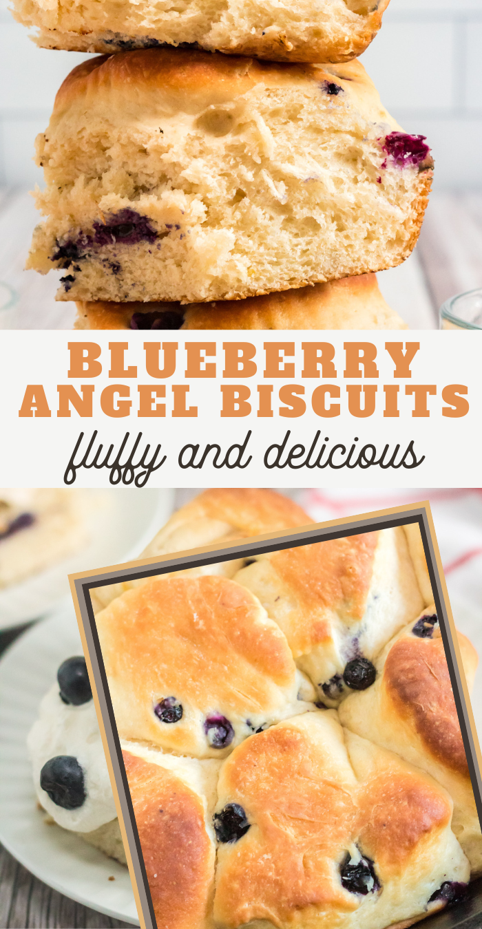 pin image that reads blueberry angel biscuits fluffy and delicious with pictures of the blueberry rolls 