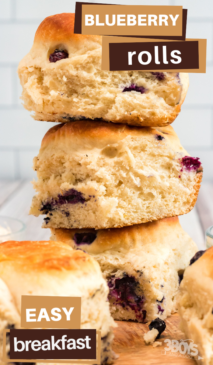 pin image that reads blueberry rolls easy breakfast with a stack of blueberry rolls on a cutting board