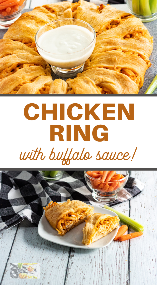 chicken ring with buffalo sauce pin image with baked ring above and sliced ring below words