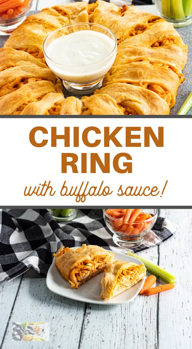 chicken ring with buffalo sauce pin image with baked ring above and sliced ring below words