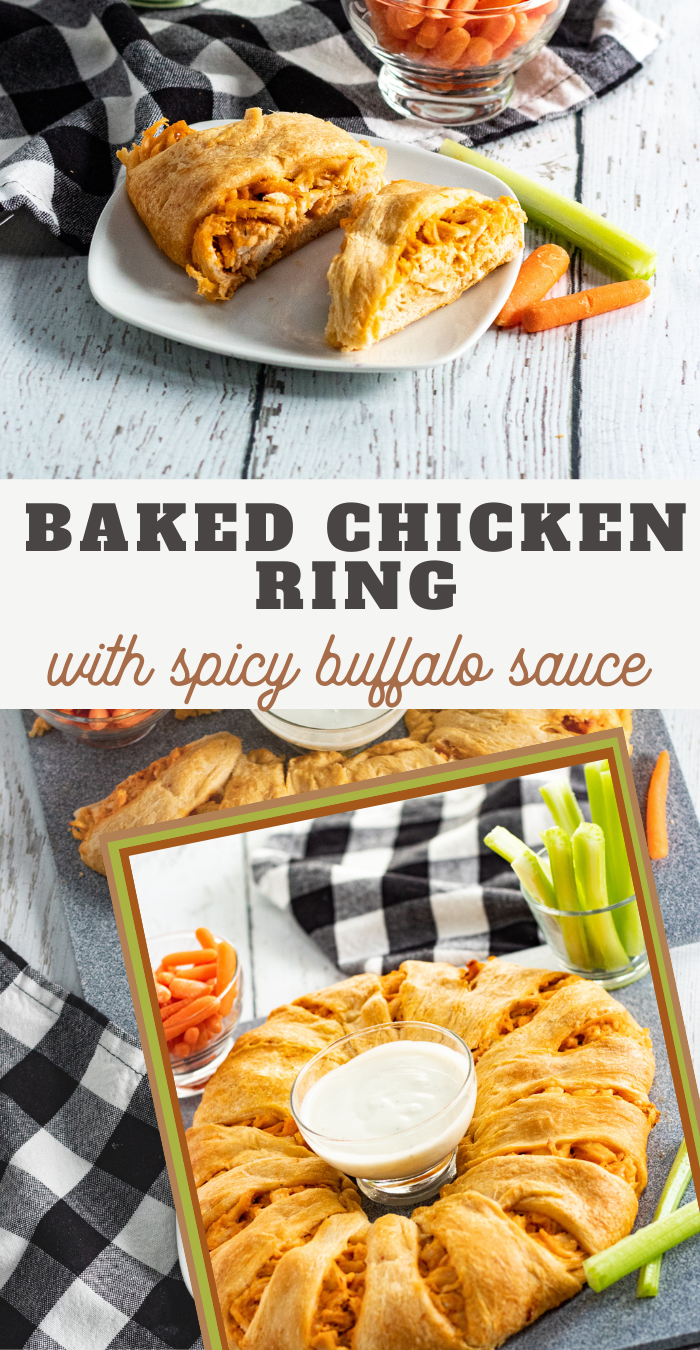 baked chicken ring with spicy buffalo sauce with a baked ring on the bottom and a cut ring on top 