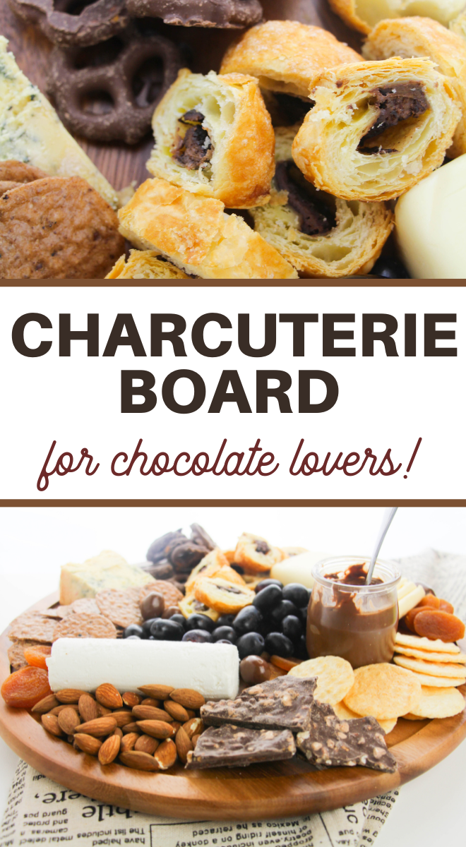 pin image that reads charcuterie board for chocolate lovers! with chocolate and boards above and below the words
