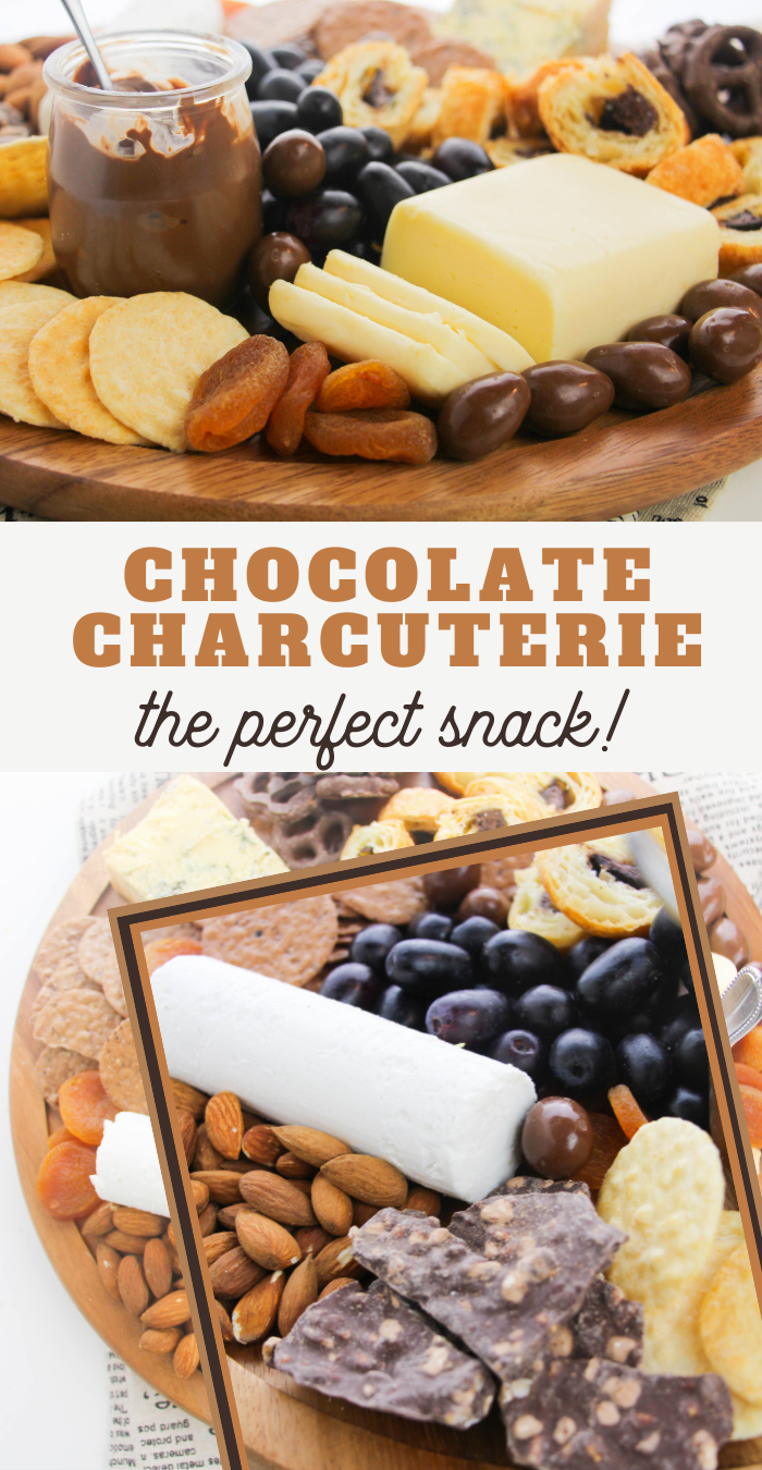 pin image that reads chocolate charcuterie the perfect snack with images of the completed charcuterie board