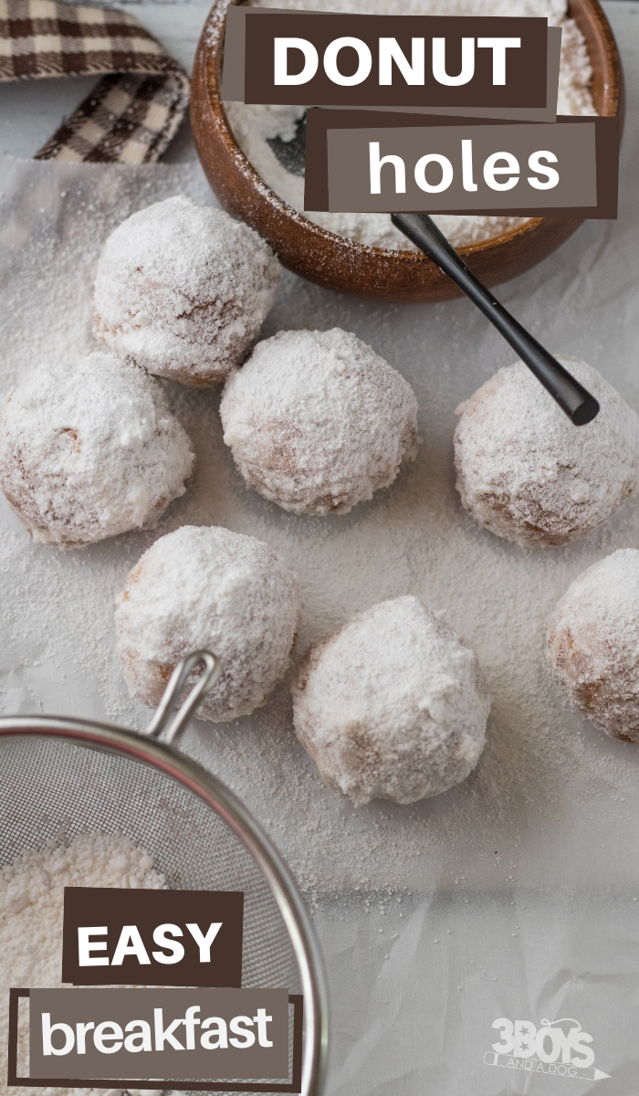 pin image that reads donut holes easy breakfast with powdered sugar donut holes on the table