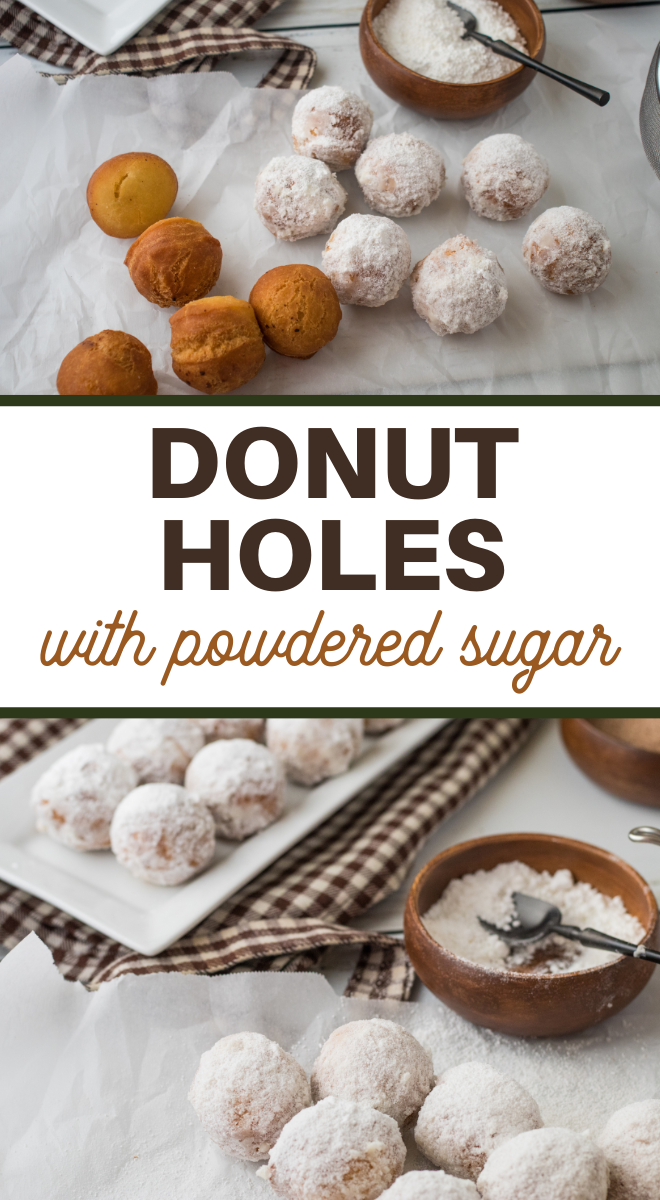 pin image that reads donut holes with powdered sugar and donut holes covered in powdered sugar above and below the words