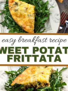 feature image that reads easy breakfast recipe sweet potato frittata with a piece of frittata on a plate