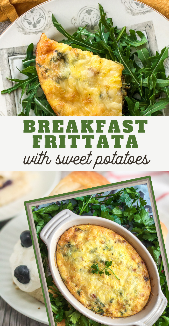 pin image that reads breakfast frittata with sweet potatoes with baked frittata in a dish and on a plate