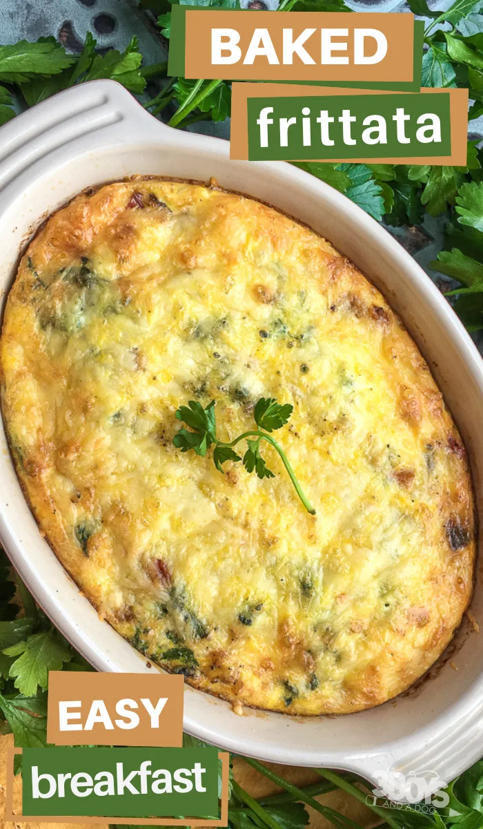 pin image that reads baked frittata easy breakfast with frittata in an oval casserole dish