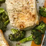 pork chops easy dinner recipe with a sheet pan of baked pork chops and cooked broccoli