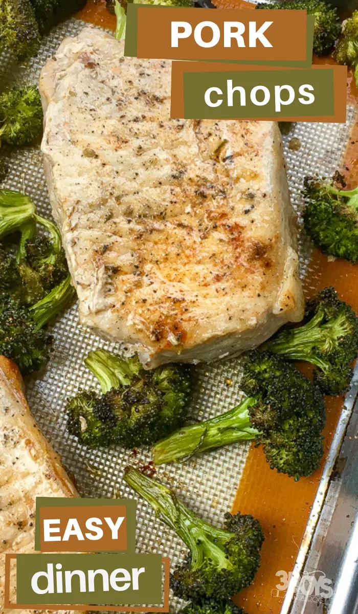 pork chops easy dinner recipe with a sheet pan of baked pork chops and cooked broccoli