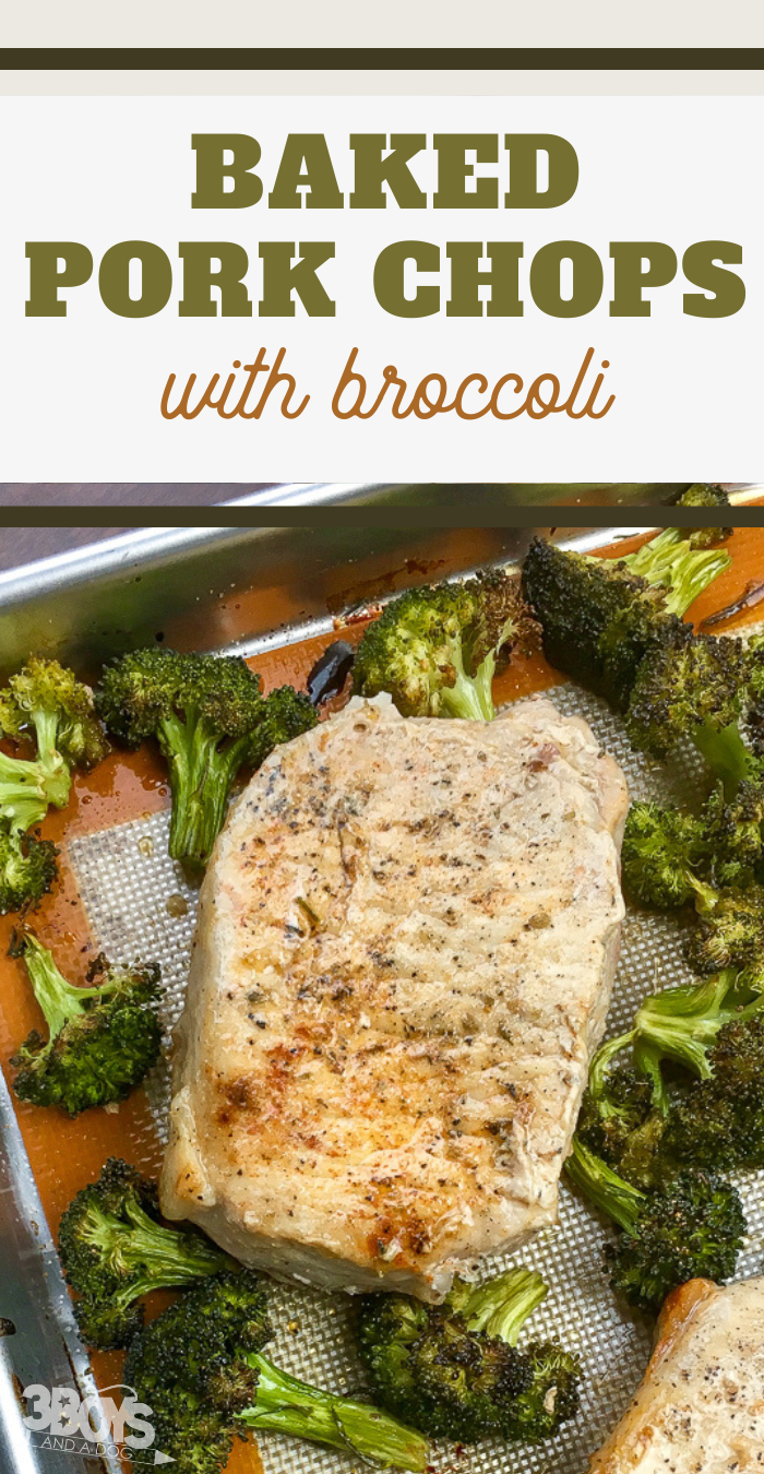 baked pork chops with broccoli pin image with baked pork chop and broccoli on a baking sheet