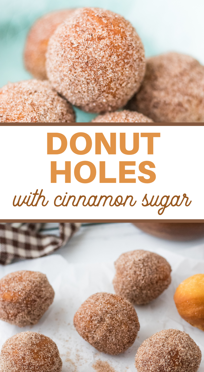 pin image that reads donut holes with cinnamon sugar with images of donut holes above and below the wording 
