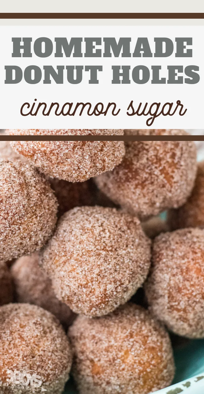 pin image that reads homemade donut holes cinnamon sugar with a close up of fried donut holes 