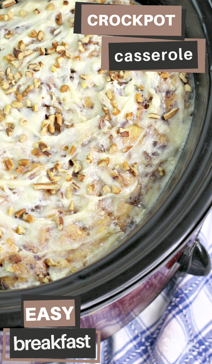 pin image that reads crockpot casserole easy breakfast with picture of casserole inside the slow cooker