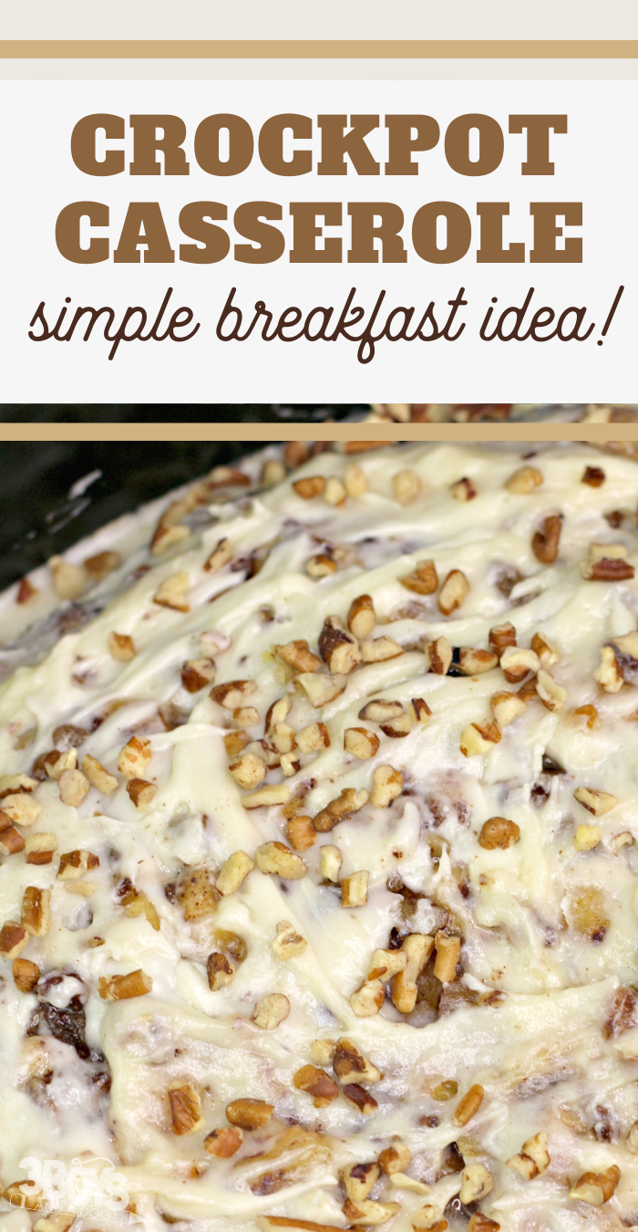 pin image that reads crockpot casserole simple breakfast idea with picture of the casserole in the slow cooker