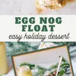 pin image that reads egg nog float easy holiday dessert with pictures of eggnog and whipped topping