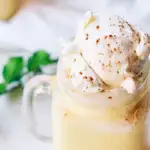 pin image that reads egg nog floats easy dessert with egg nog in a cup