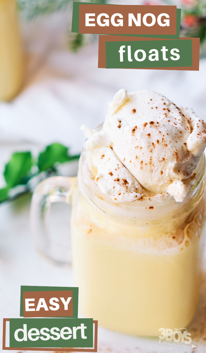 pin image that reads egg nog floats easy dessert with egg nog in a cup