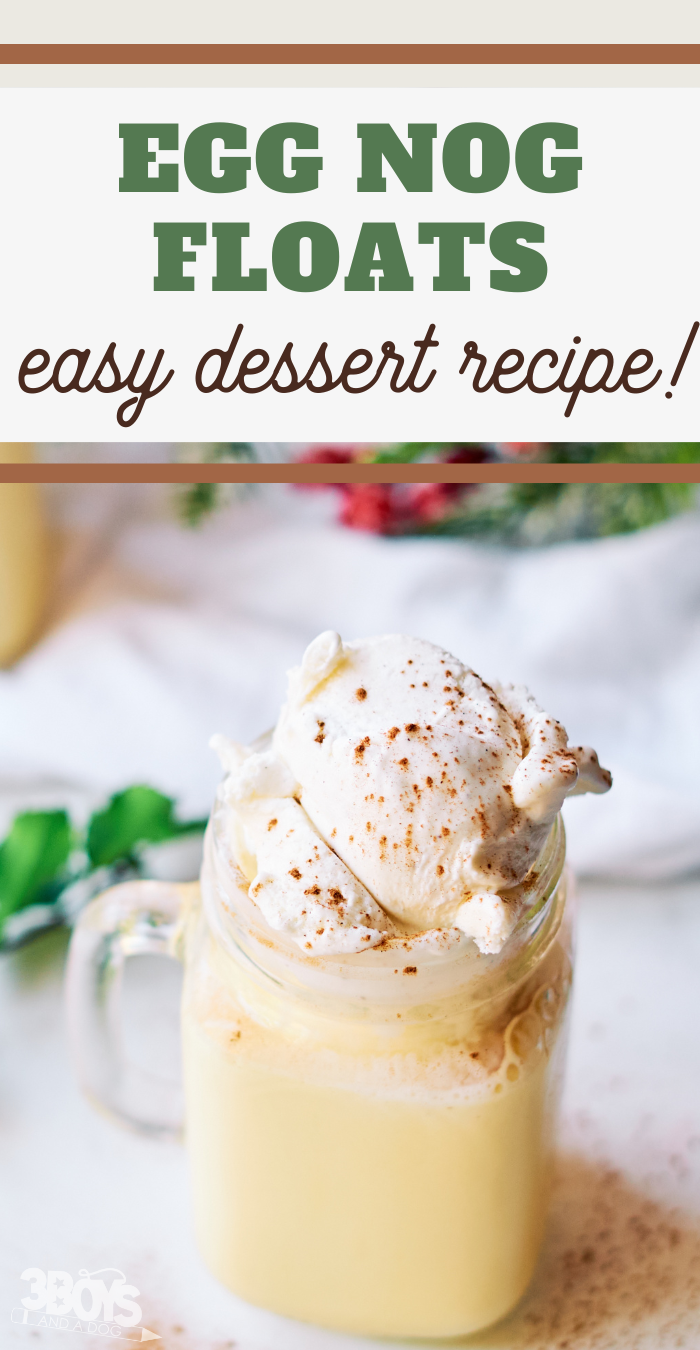 pin image that reads egg nog floats easy holiday dessert with cup of eggnog