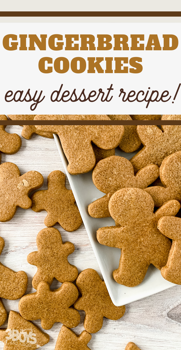 pin image that reads gingerbread cookies easy dessert recipe with cookies on a white platter