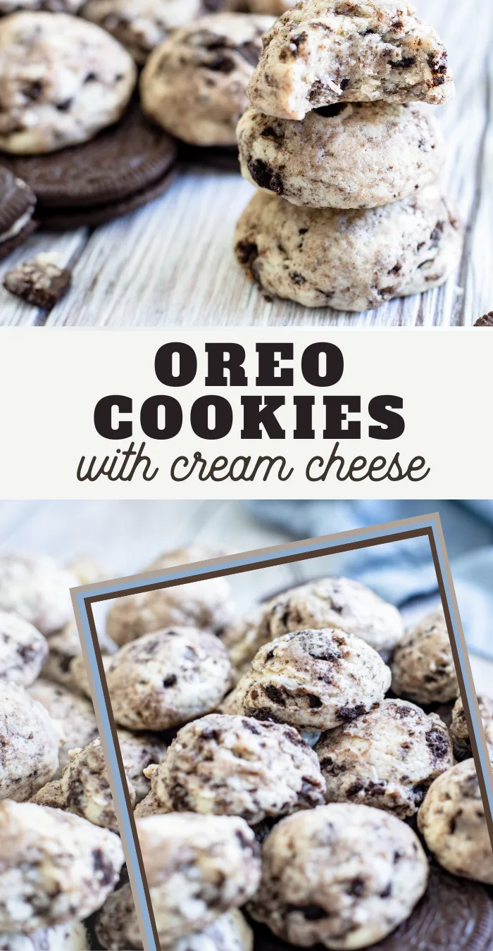 pin image that reads oreo cookies with cream cheese and images of baked cookies above and below the words