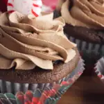 pin image that reads peppermint cupcakes easy dessert with a chocolate cupcake and a peppermint on top