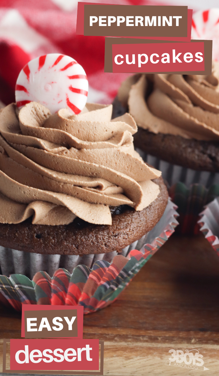 pin image that reads peppermint cupcakes easy dessert with a chocolate cupcake and a peppermint on top