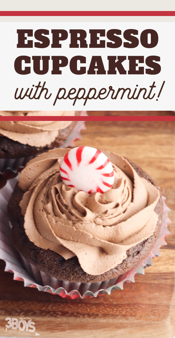 pin image that reads espresso cupcakes with peppermint and a picture of chocolate cupcakes with a peppermint on top