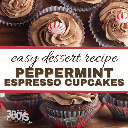 featured image that reads easy dessert recipe peppermint espresso cupcakes with cupcakes above and below the words