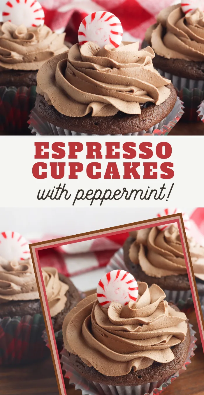 pin image that reads espresso cupcakes with peppermint and pictures of baked cupcakes frosted