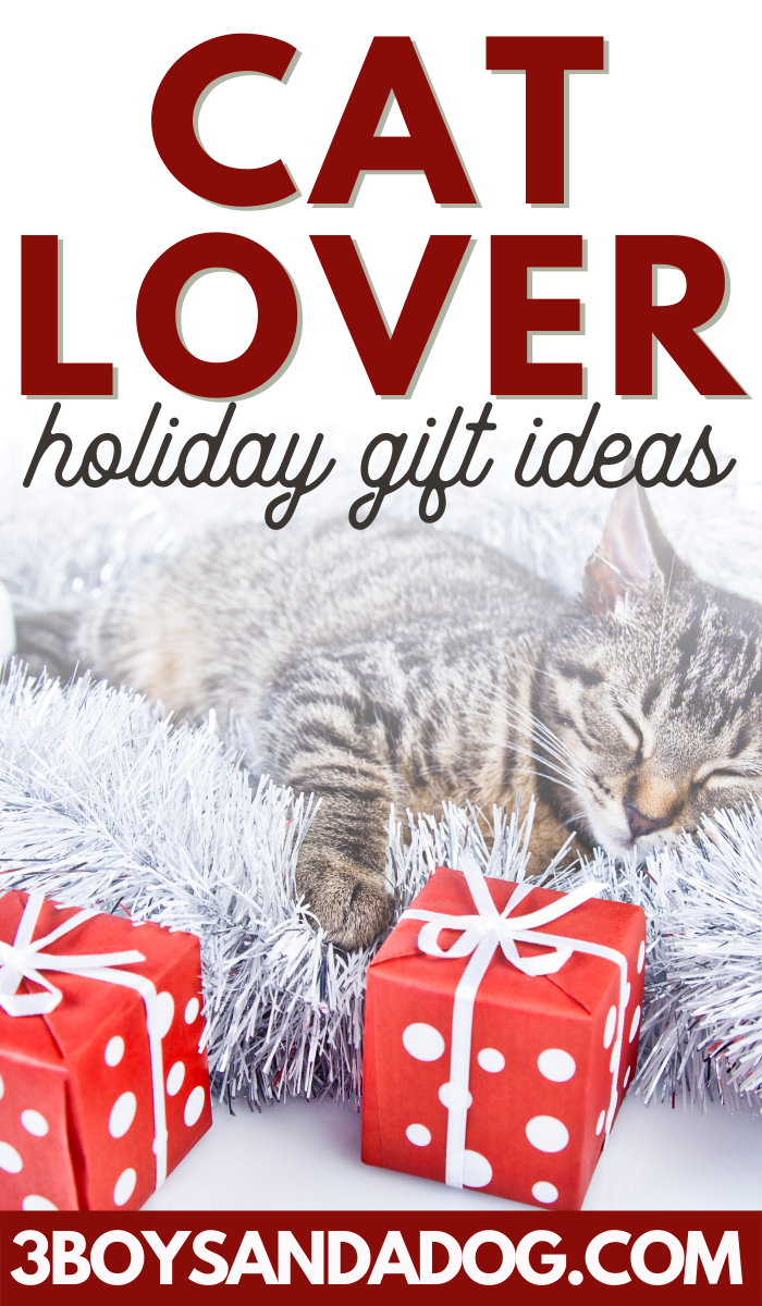 pin image that reads cat lover holiday gift ideas with a sleeping cat 