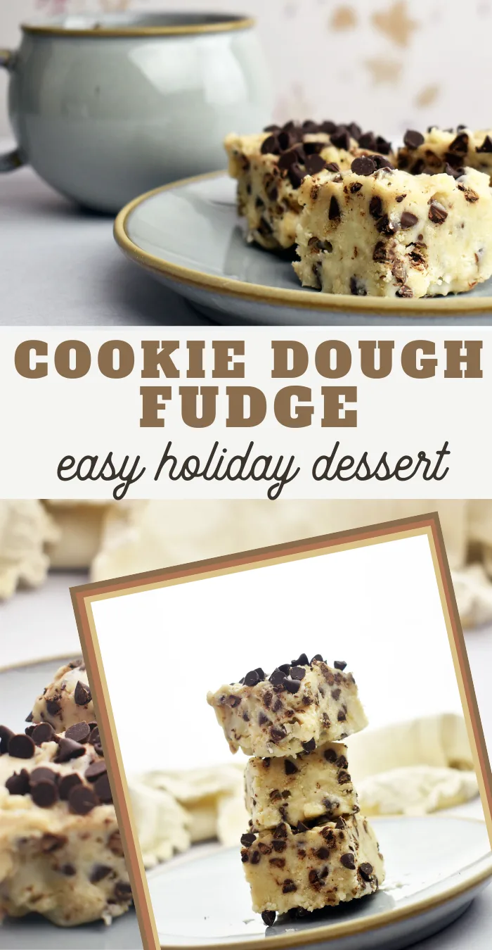 pin image that reads cookie dough fudge easy holiday dessert