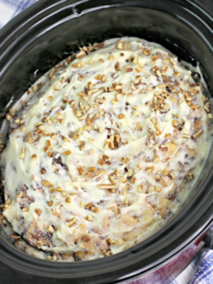 cinnamon roll casserole cooking in the slow cooker