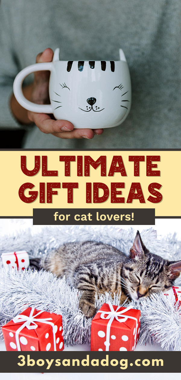pin image that reads ultimate gift ideas for cat lovers with a picture of a cat mug and a sleeping cat