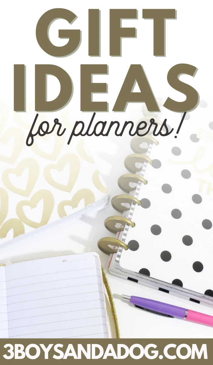 pin image that reads gift ideas for planners with pictures of planners