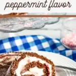 pin image that reads chocolate roll cake peppermint flavor with slice of rolled cake on a plate