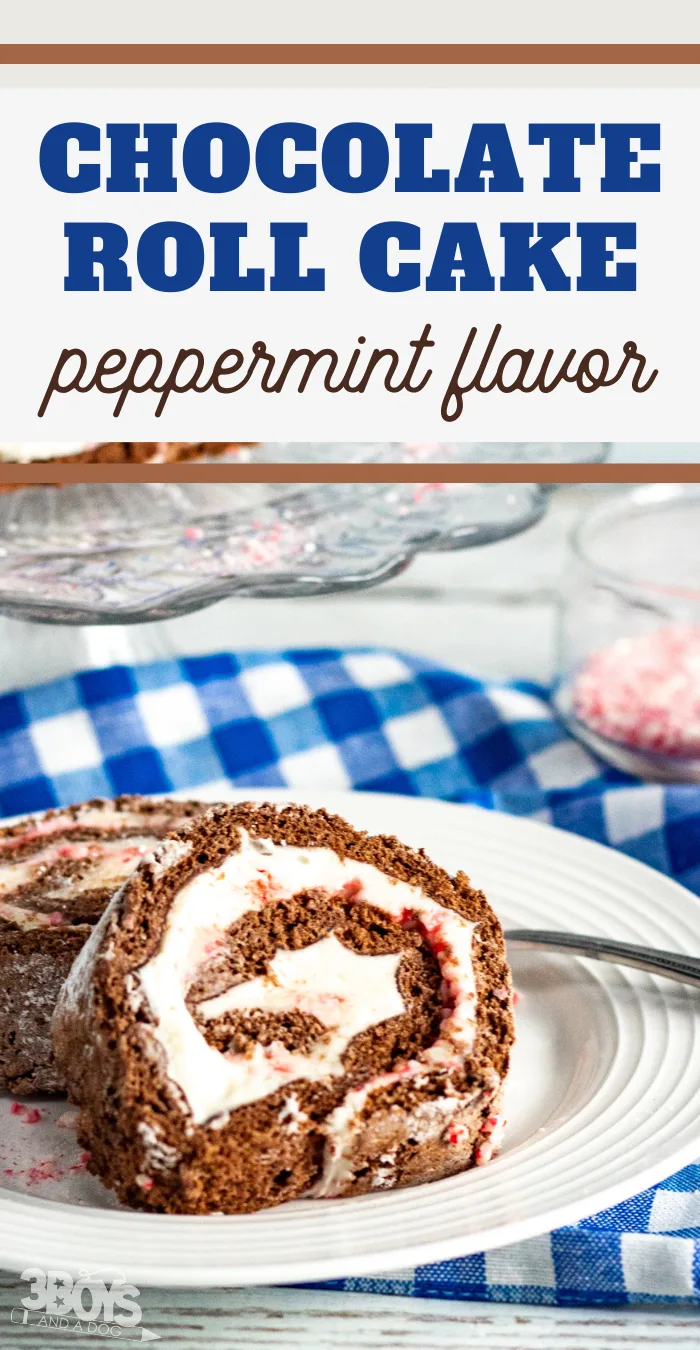 pin image that reads chocolate roll cake peppermint flavor with slice of rolled cake on a plate