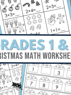 feature image that reads grades 1 and 2 christmas math worksheets
