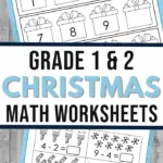 Pin image that reads grade 1 and grade 2 christmas math worksheets