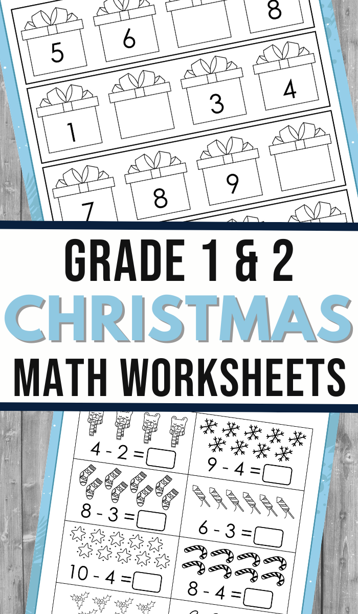 Pin image that reads grade 1 and grade 2 christmas math worksheets