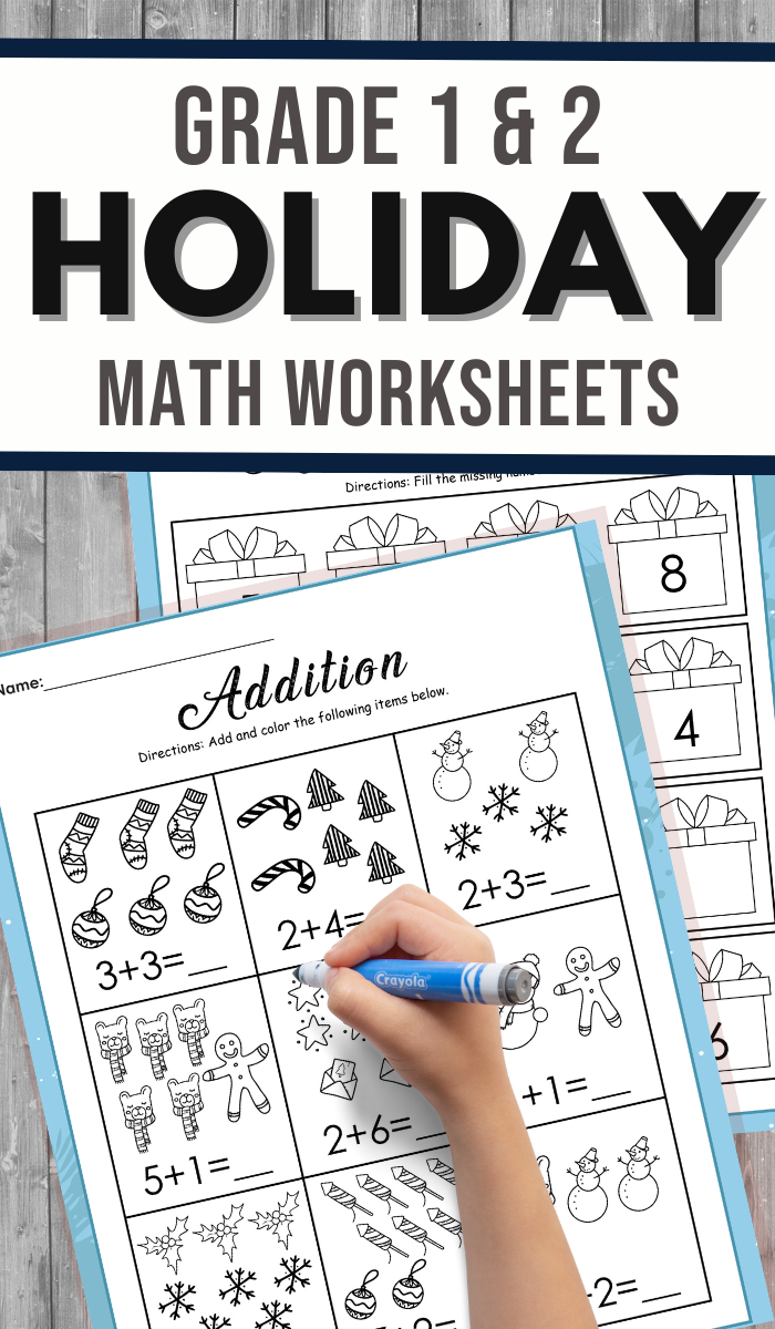 pin image that reads grade 1 and 2 holiday math worksheets