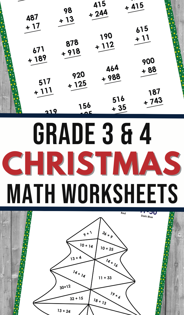 pin image that reads grade 3 and 4 christmas math worksheets