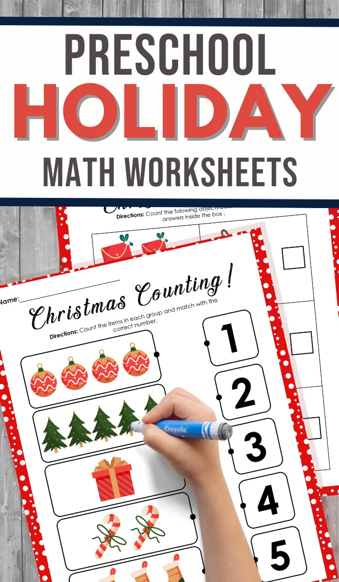 pin image that reads preschool holiday math worksheets