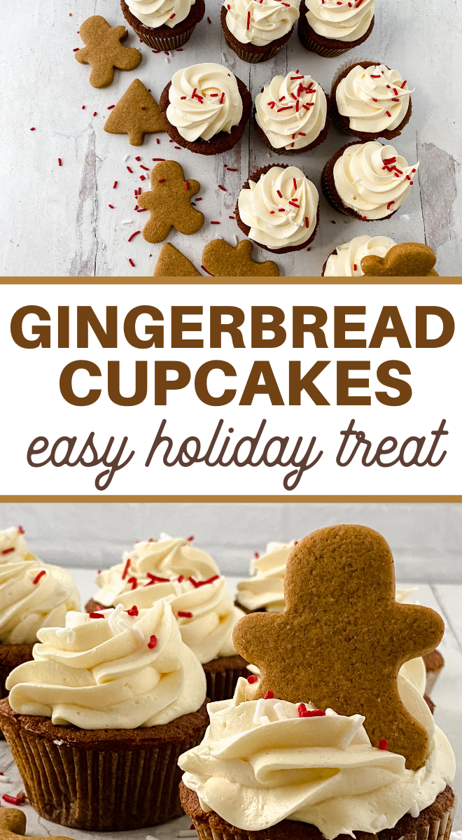 pin image that reads gingerbread cupcakes easy holiday treat! 