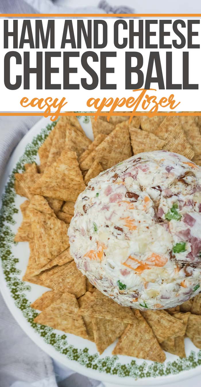 overhead view of simple cheese ball with text which reads ham and cheese cheese ball easy appetizer