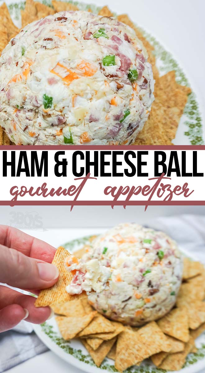 photo collage of easy starter recipe with text which reads ham and cheese ball gourmet appetizer