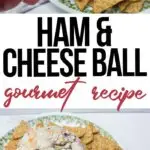 photo collage of easy cheeseball with ham with text which reads ham and cheese ball gourmet recipe