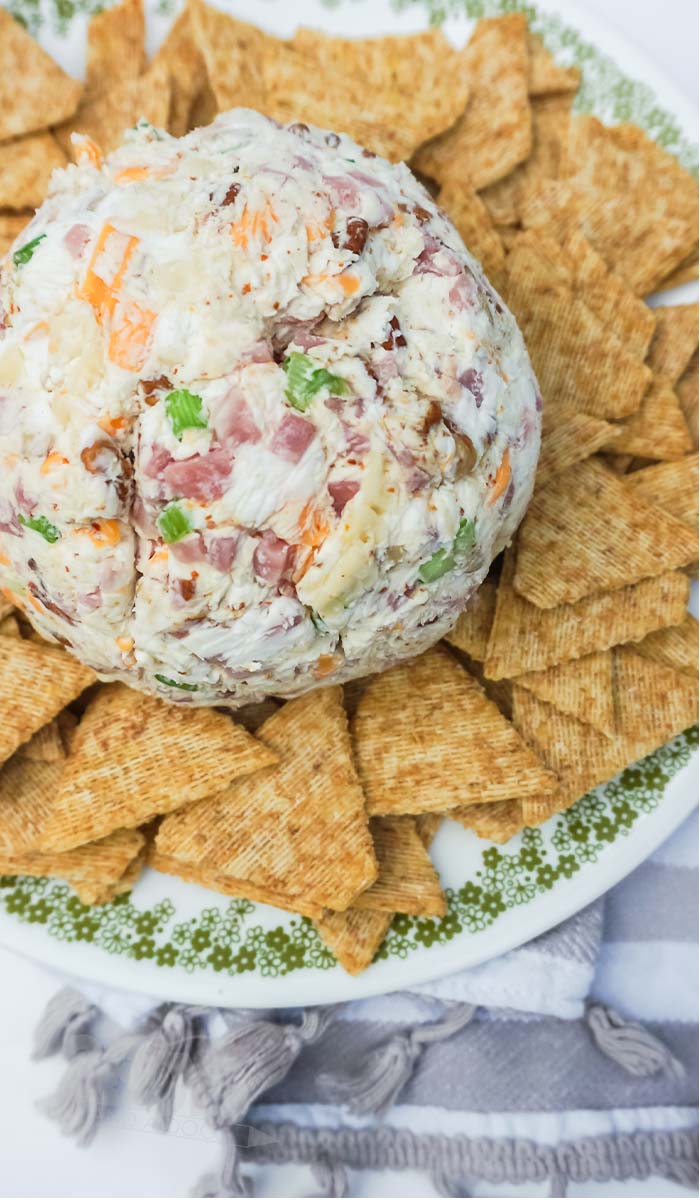 overhead view of cheese ball with ham recipe