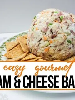 ham cheese ball recipe with text which reads easy gourmet ham and cheese ball